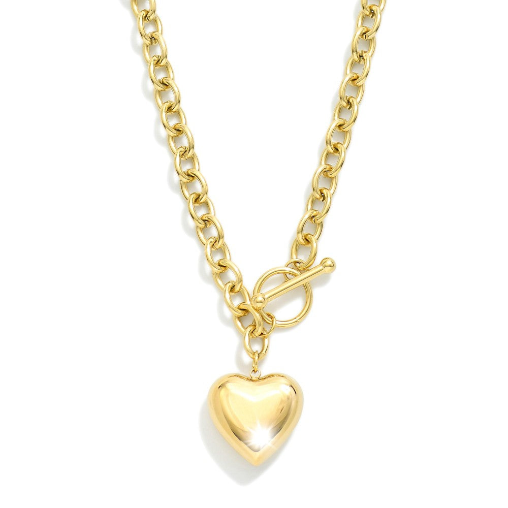 Chain Link Necklace Featuring Metal Tone Puffy Heart Pendant & Toggle Clasp