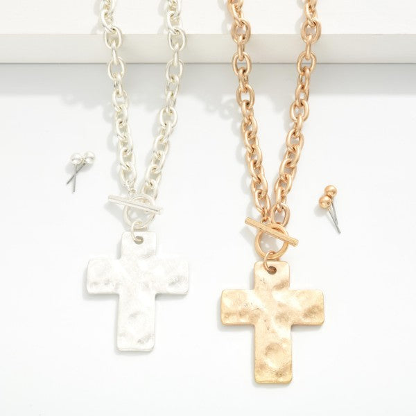 Chain Link Necklace Featuring Toggle Clasp & Hammered Metal Cross Pendant