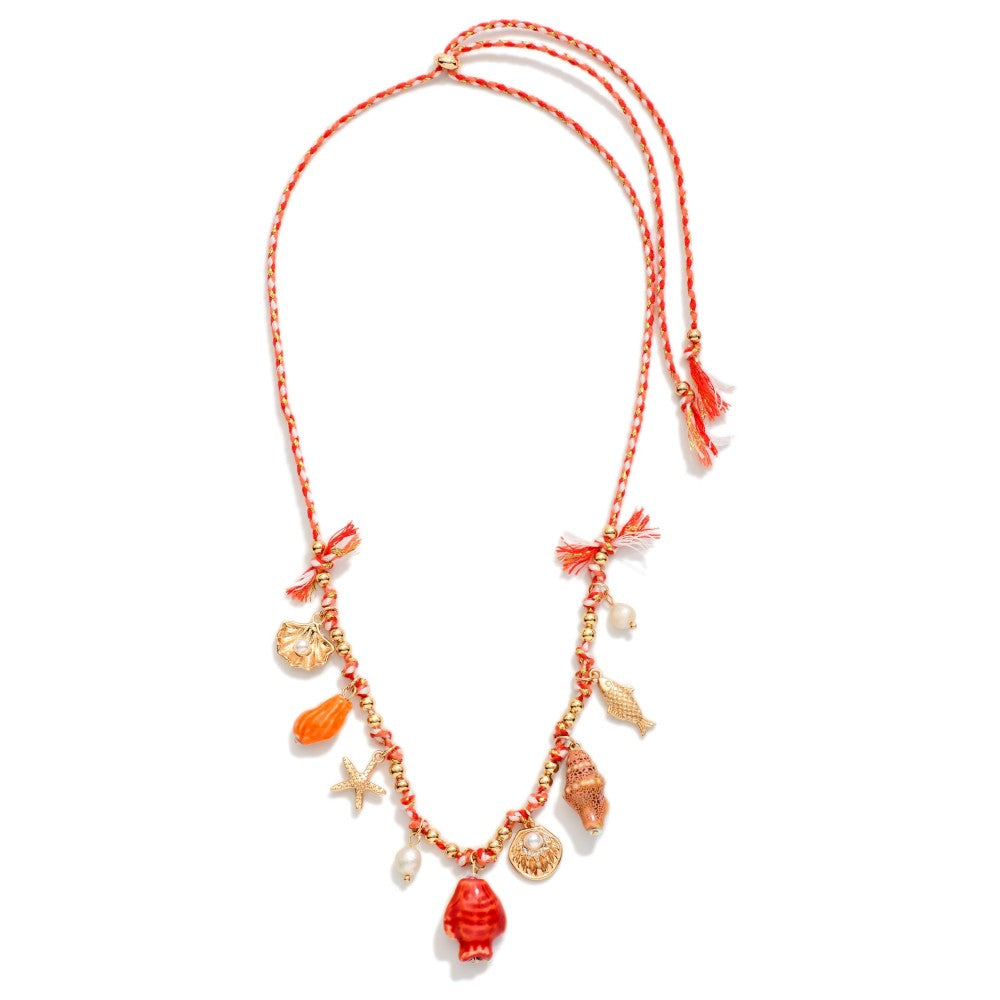 Adjustable Twine Braided Necklace Featuring Beach Charms, old Tones, & Pearls