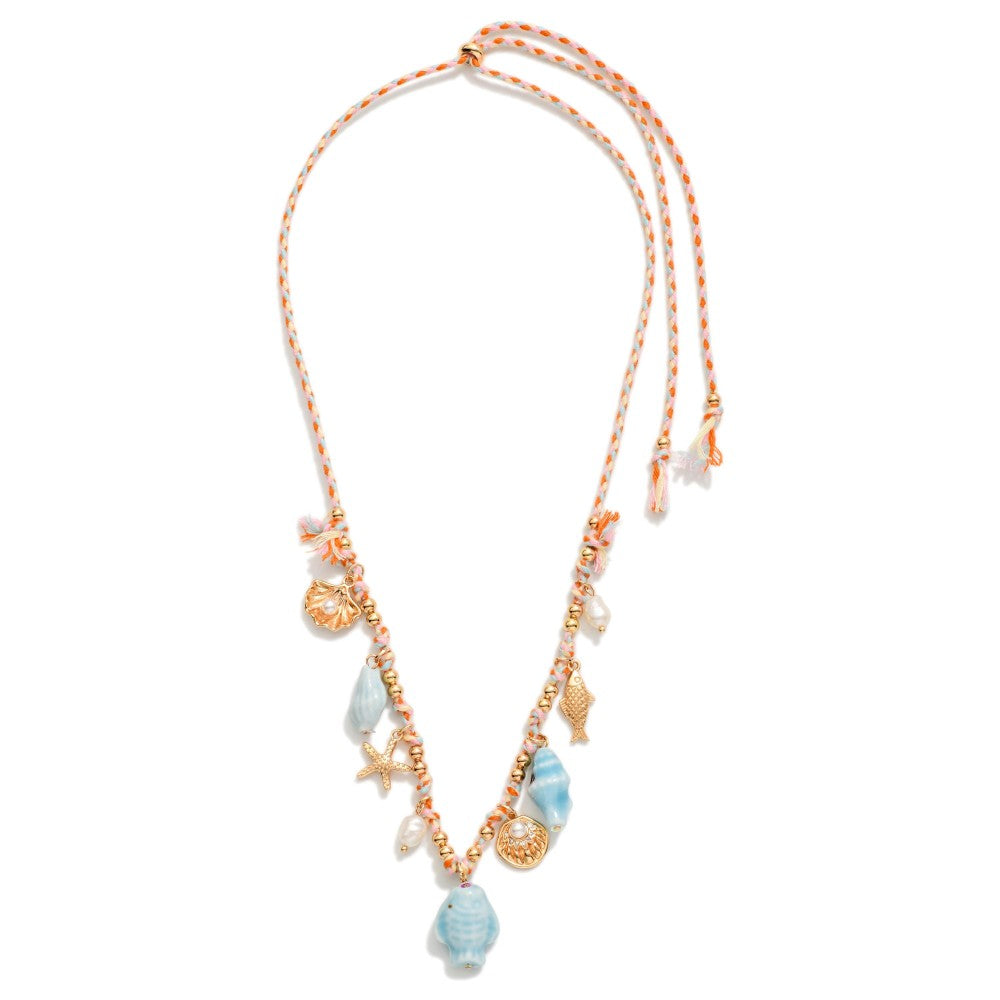 Adjustable Twine Braided Necklace Featuring Beach Charms, old Tones, & Pearls