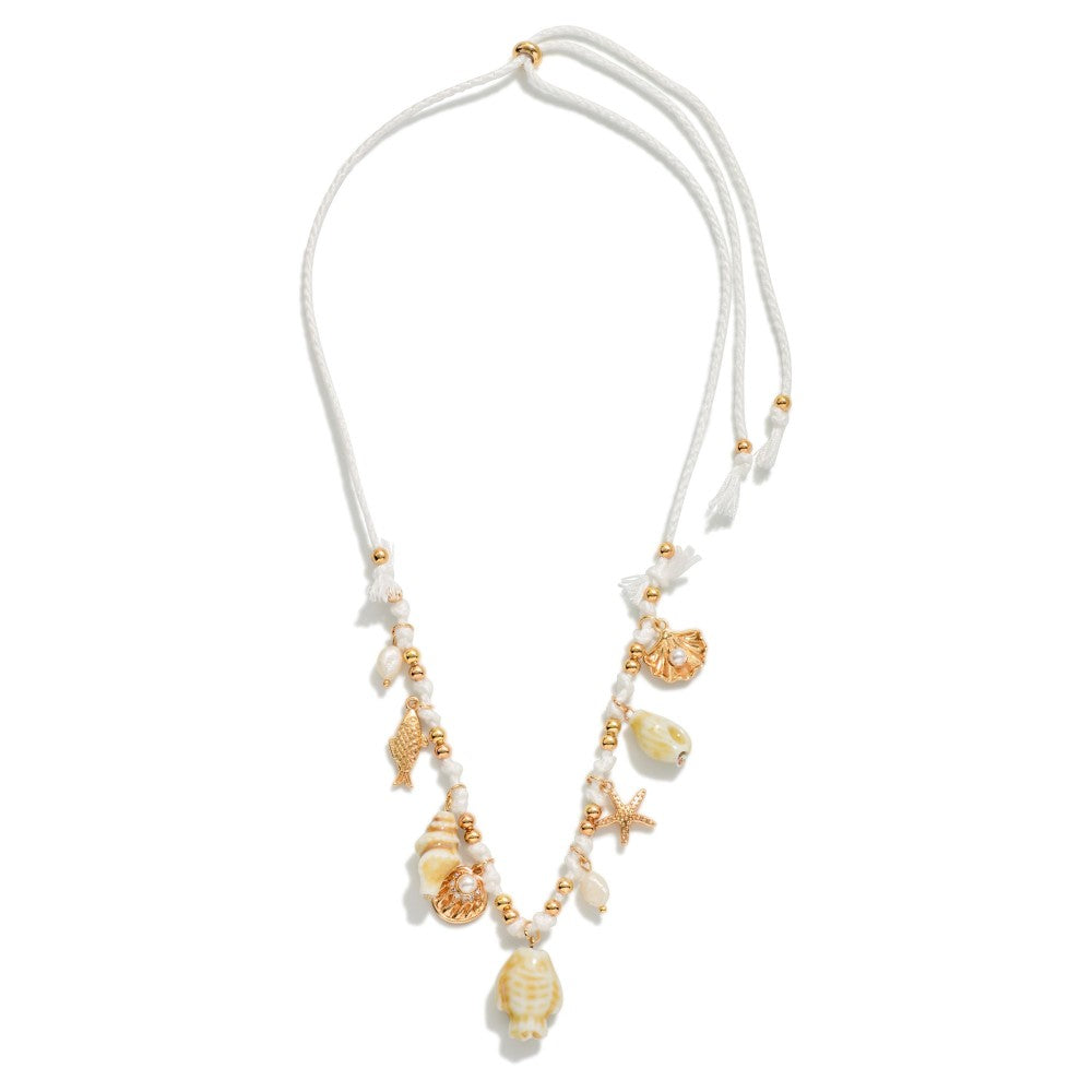 Adjustable Twine Braided Necklace Featuring Beach Charms, old Tones, & Pearls