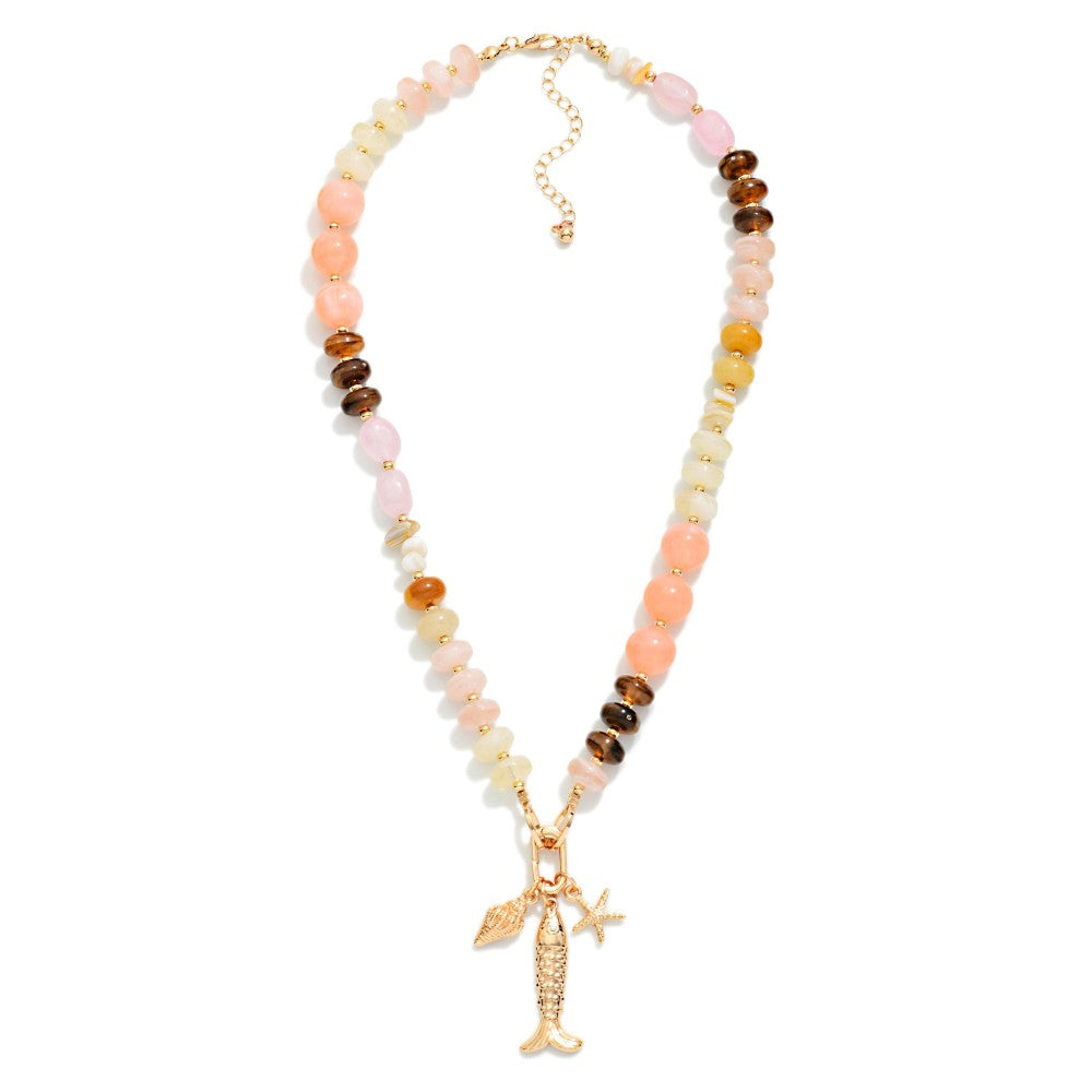 Marbled Acetate & Stone Beaded Necklace Featuring Metal Tone Fish & Shell Pendant