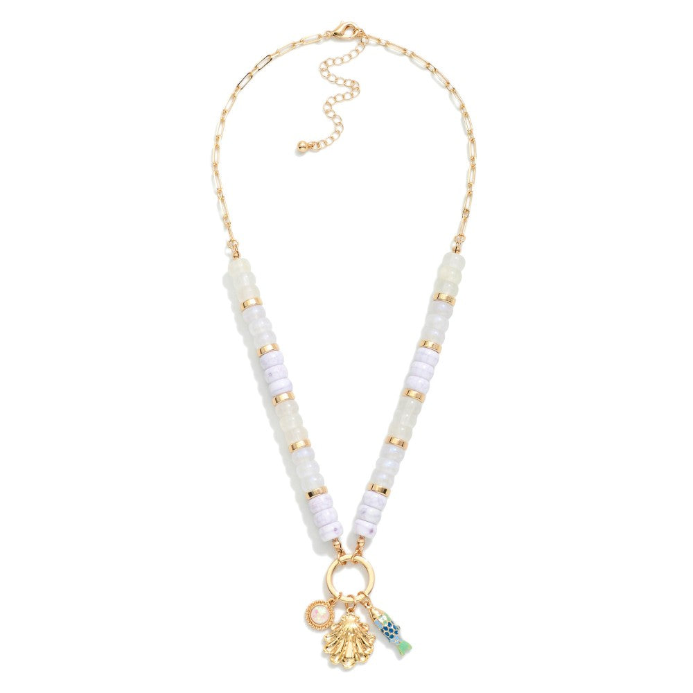 Candy Stone Beaded Chain Link Necklace Featuring Metal Tone Beach Charms - White