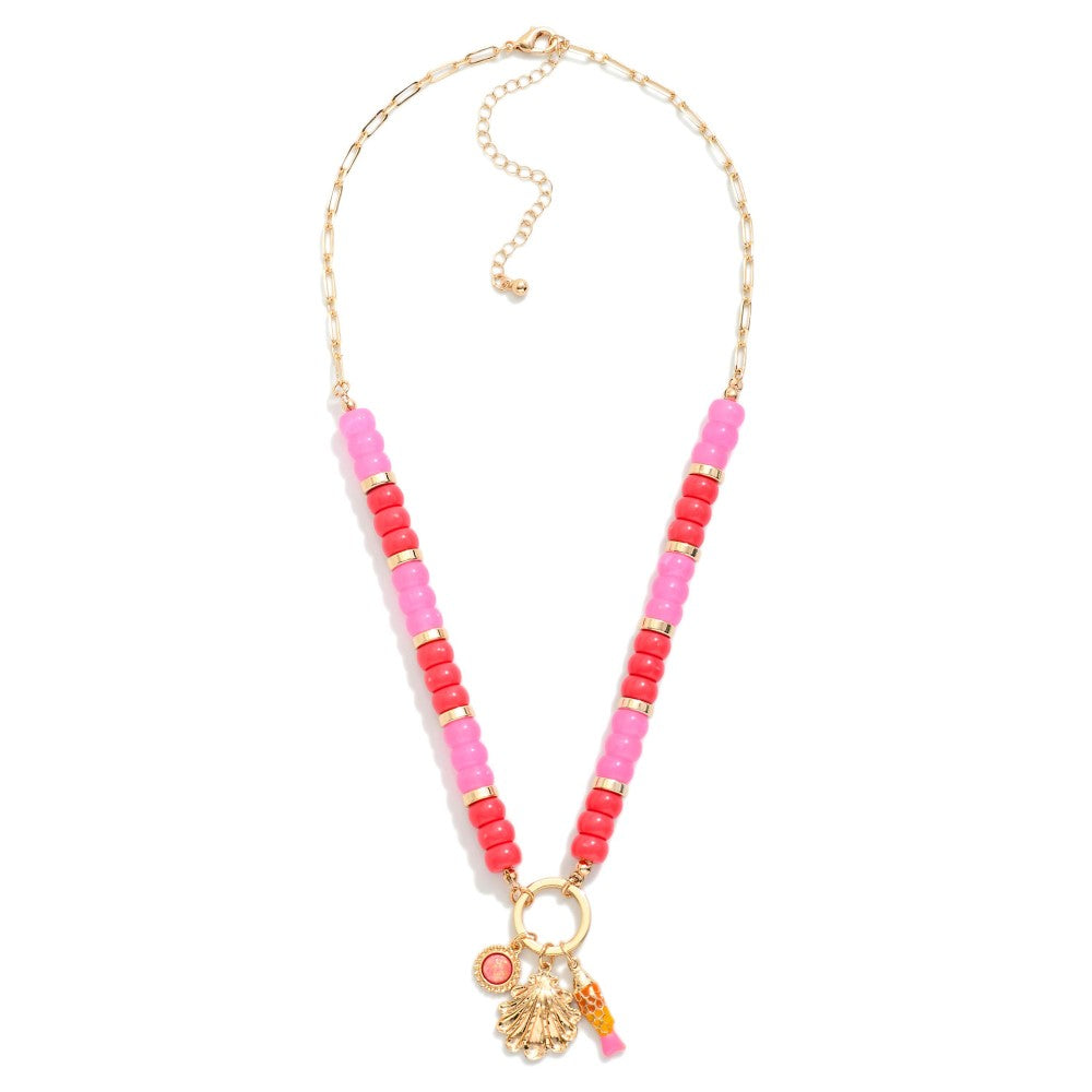 Candy Stone Beaded Chain Link Necklace Featuring Metal Tone Beach Charms - Pink
