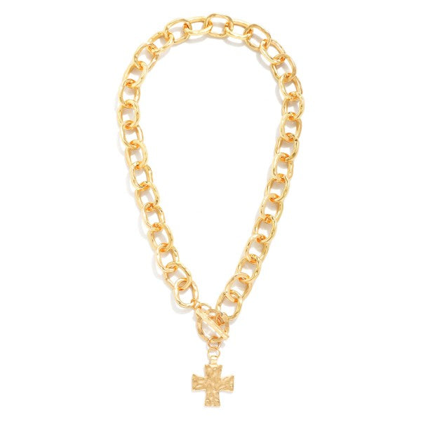 Hammered Metal Chain Link Necklace With Plus Cross Pedant & Toggle Clasp