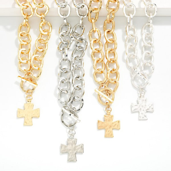 Hammered Metal Chain Link Necklace With Plus Cross Pedant & Toggle Clasp