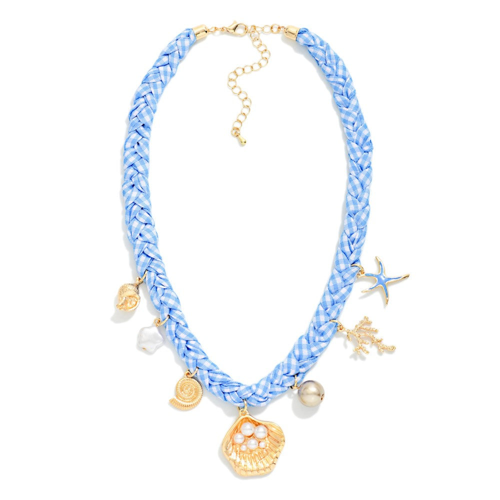 Braided Scarf Necklace Featuring Metal Charms & Shells