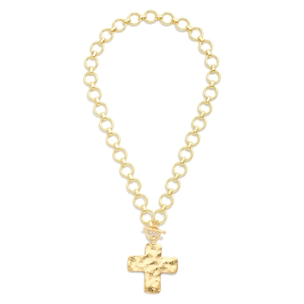 Metal Tone Circle Link Necklace Featuring Cross Pendent