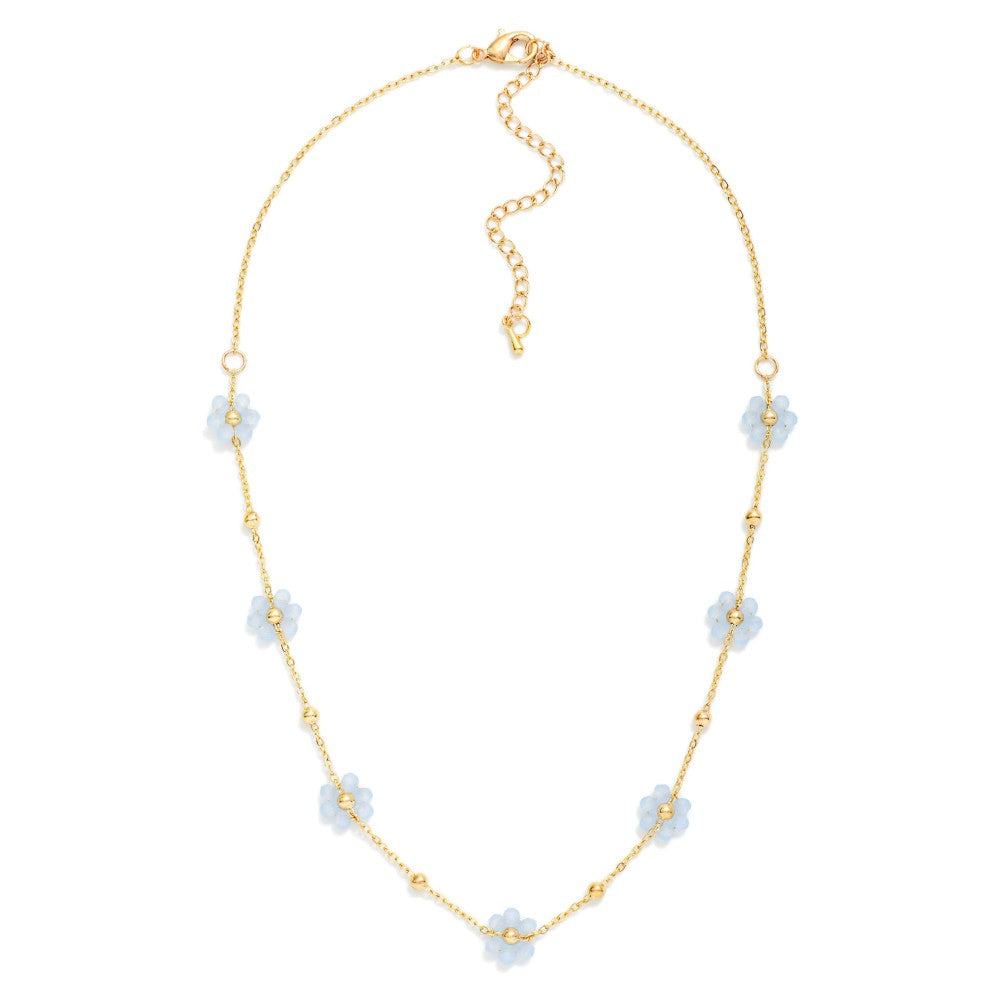 Chain Link Necklace Featuring Beaded Flower Stations - Blue