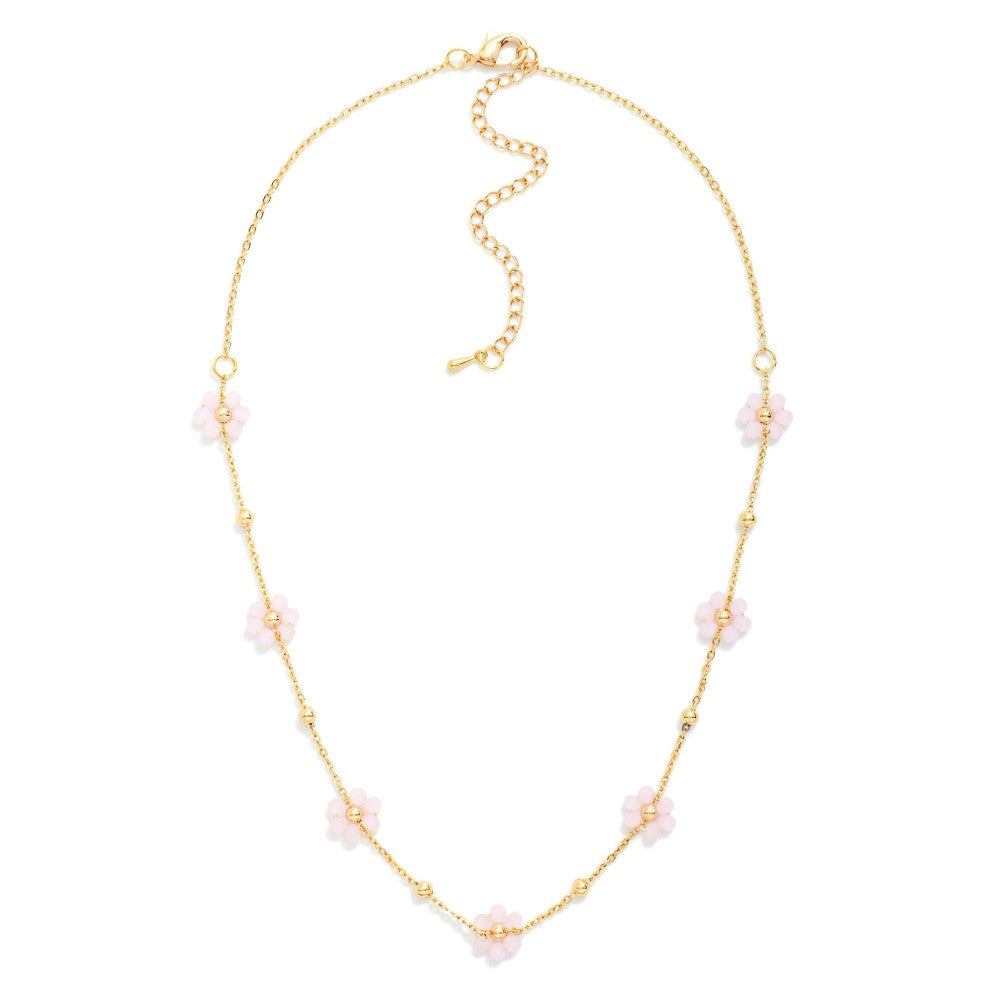 Chain Link Necklace Featuring Beaded Flower Stations - Rose