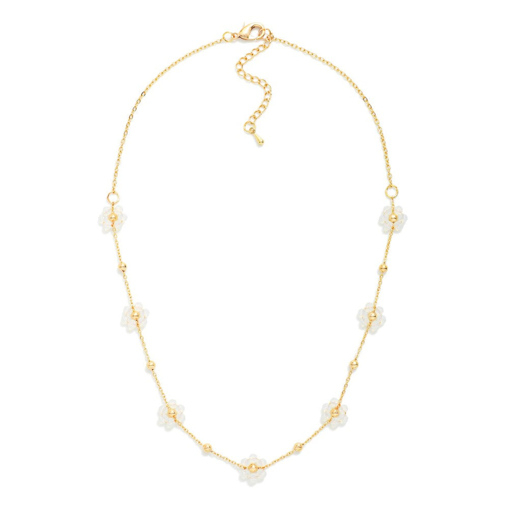 Chain Link Necklace Featuring Beaded Flower Stations - Clear