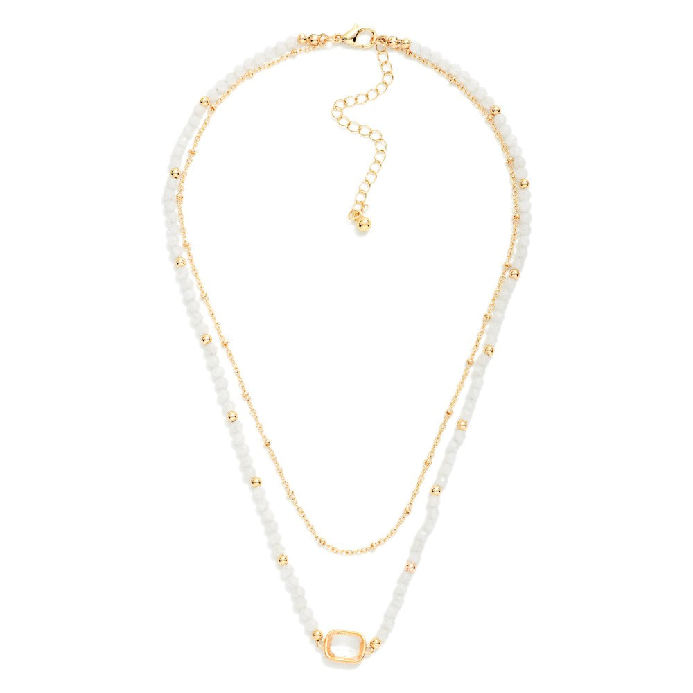 Chain Link & Beaded Layered Necklace Featuring Glass Crystal Stationary Pendant