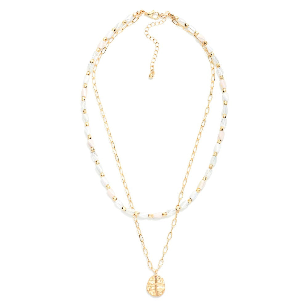 Layered Beaded & Chain Link Necklace Featuring Hammered Metal & Cross Pendant