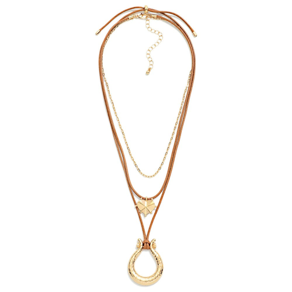 Layered Adjustable Wax Cord Necklace Featuring Metal Tone Heart And Horse Shoe Pendant