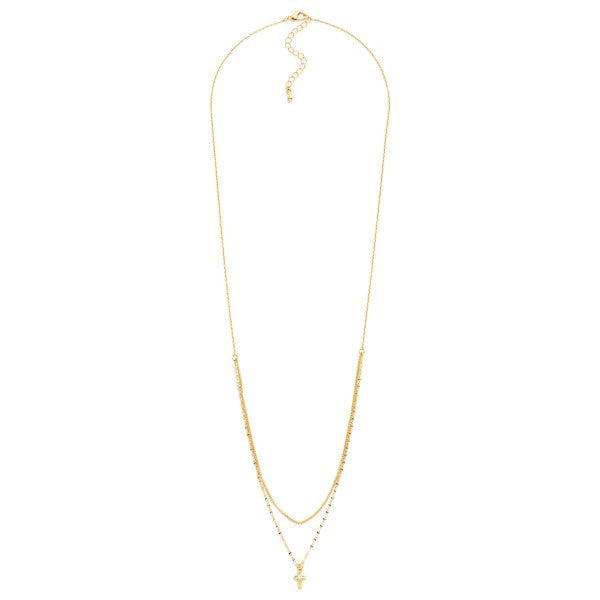 Layered Chain Link Necklace Featuring Metal Tone & Rhinestone Cross Pendant