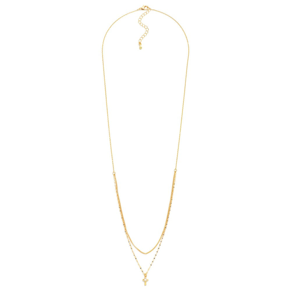 Layered Chain Link Necklace Featuring Metal Tone & Rhinestone Cross Pendant