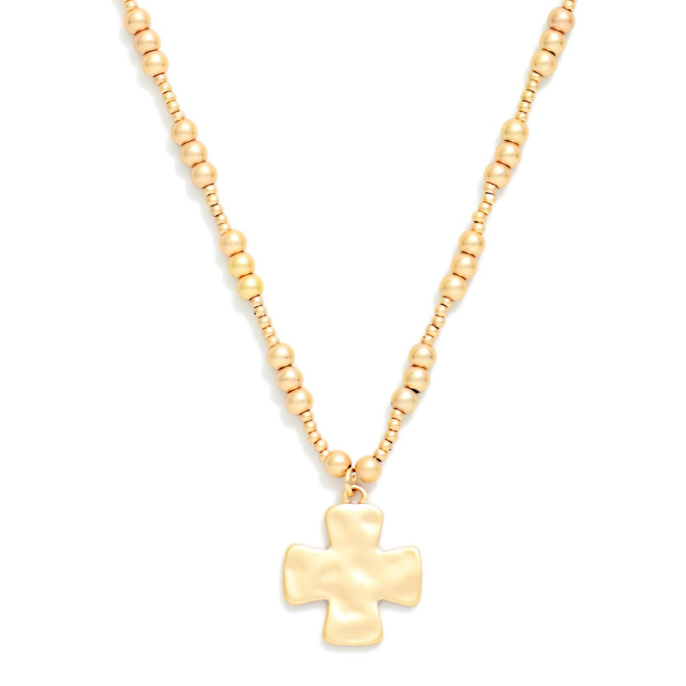 Multiple Size Metal Tone Beaded Necklace Featuring Hammered Metal Plus Cross Pendant