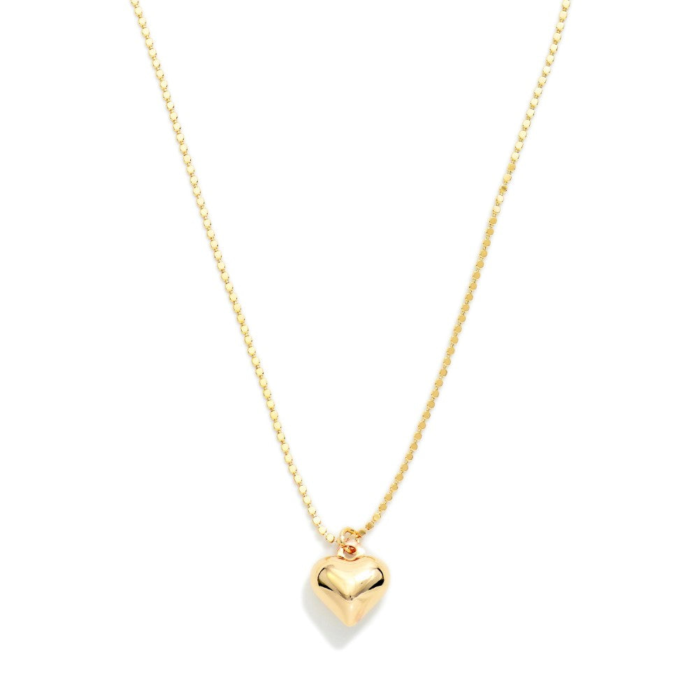 Flat Ball Chain Link Necklace Featuring Metal Tone Heart Pendant
