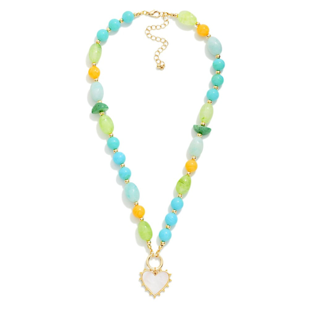 Marbled Acetate Beaded Necklace Featuring Gold Tone Beaded Stations & Heart Pendant