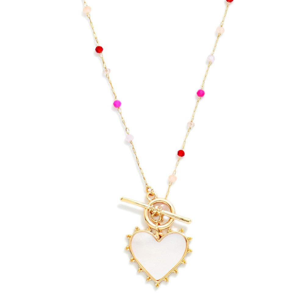 Chain Link Necklace With Bead Stations & Pearlescent Heart Pendant