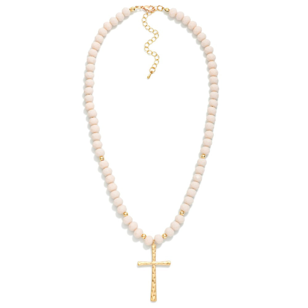 Faceted Glass Beaded Necklace With Cross Pendant Featuring Gold Tones - Ivory