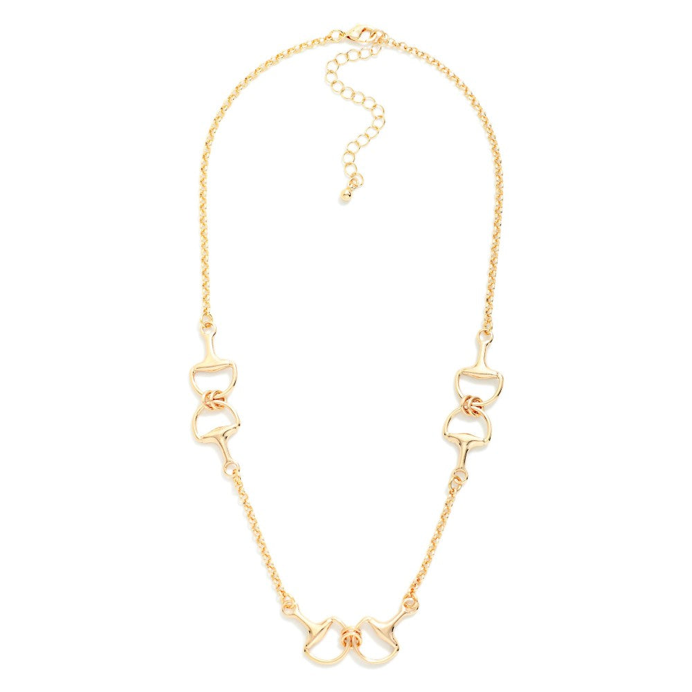 Metal Tone Chain Link Necklace Featuring Horsebit Stations - Gold