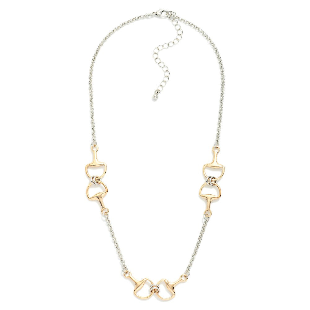 Metal Tone Chain Link Necklace Featuring Horsebit Stations - Two Tone