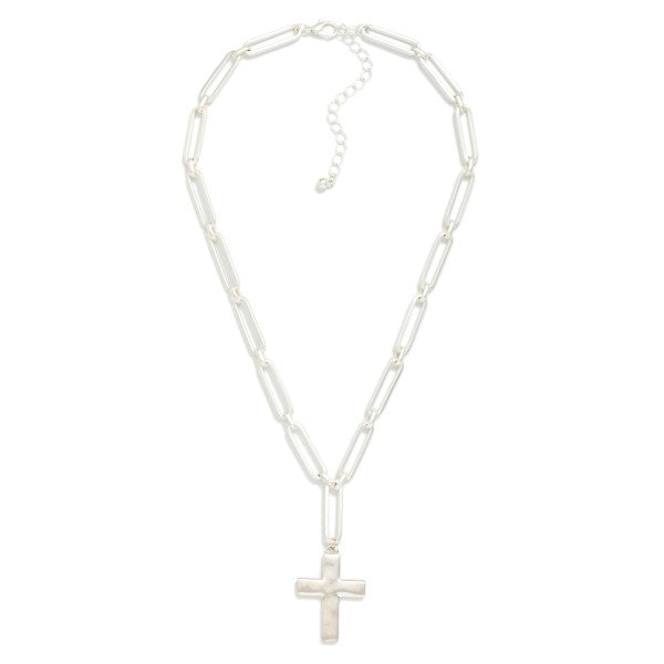 Matte Metal Paperclip Chain Link Necklace Featuring Cross Pendant