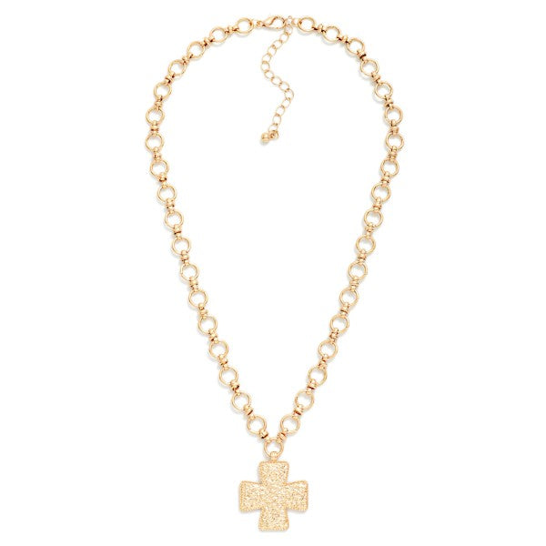 Circle Link Chain Link Necklace Featuring Hammered Metal Plus Cross Pendant