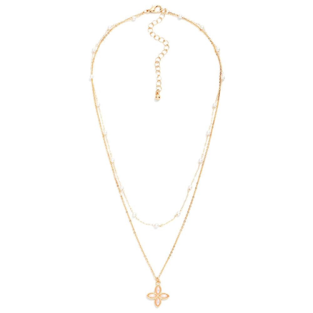 Layered Dainty Chain Link Necklace Featuring Pearl Stations And Flower Pendant - Gold