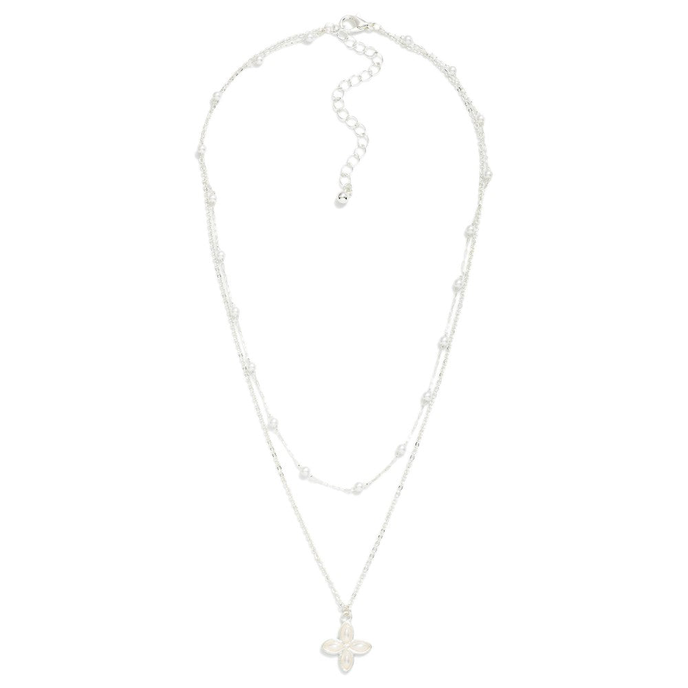 Layered Dainty Chain Link Necklace Featuring Pearl Stations And Flower Pendant -Silver