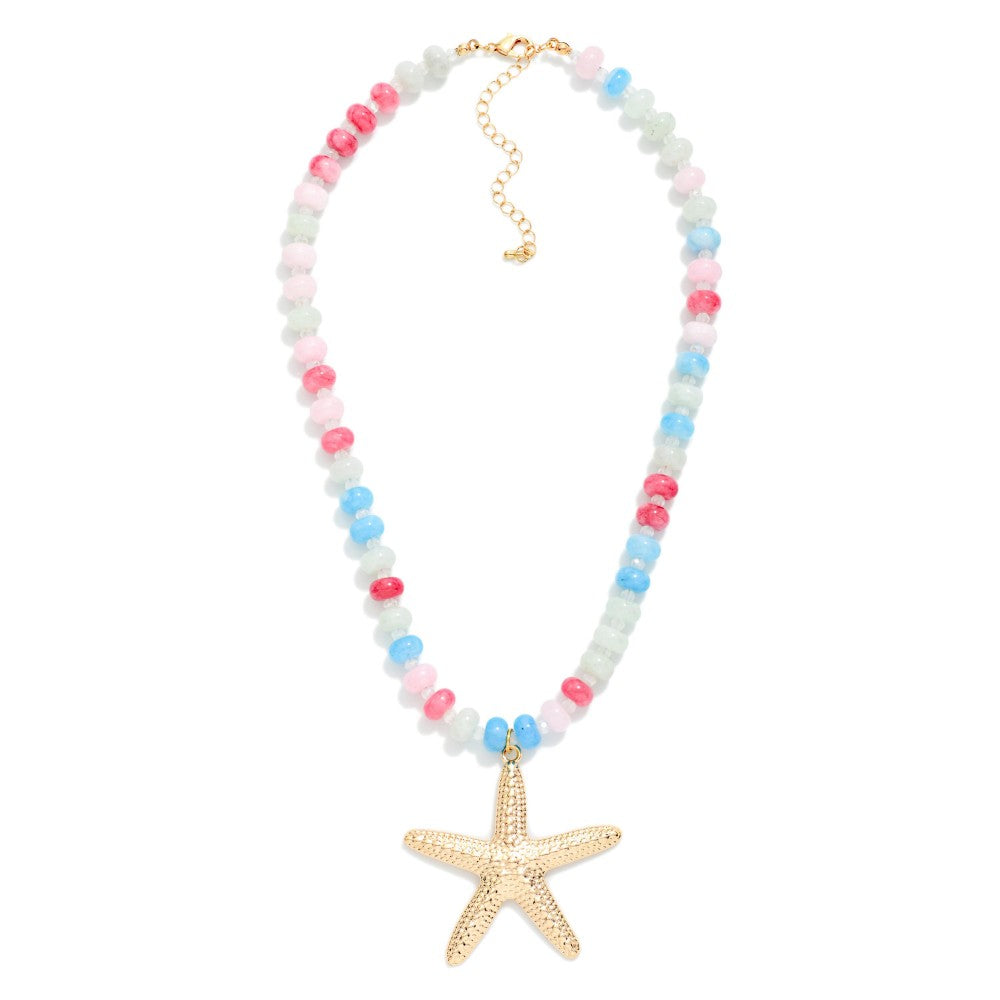 Candy Stone Beaded Necklace Featuring Metal Tone Starfish Pendant