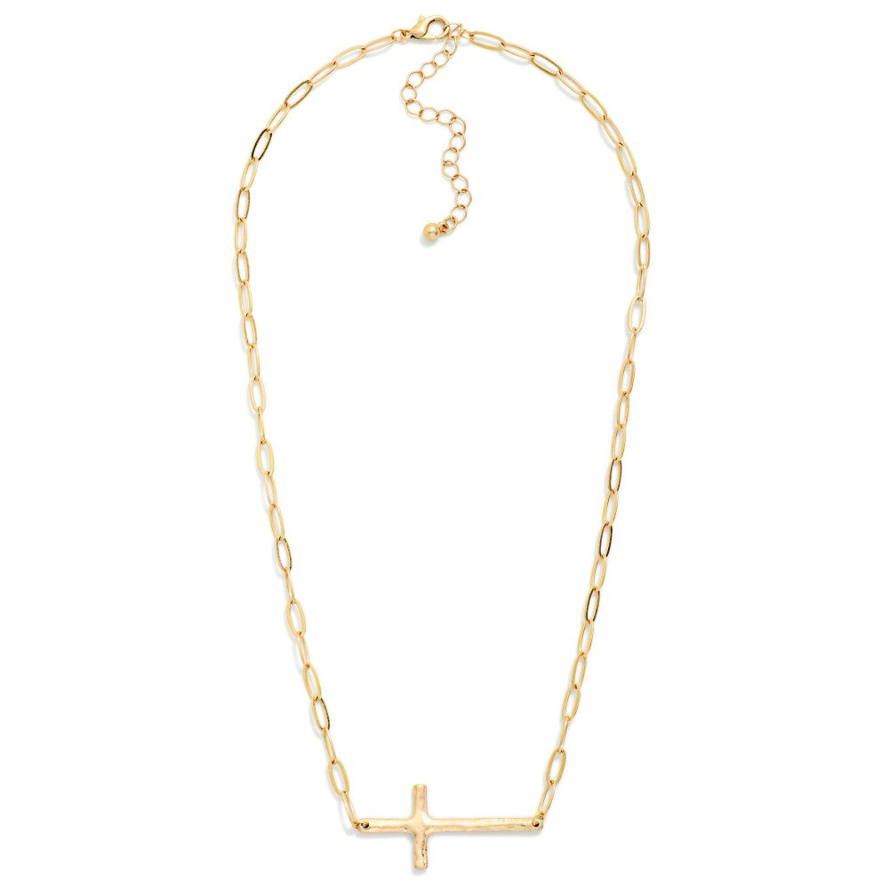Paperclip Chain Link Necklace Featuring Hammered Metal East West Cross Pendant