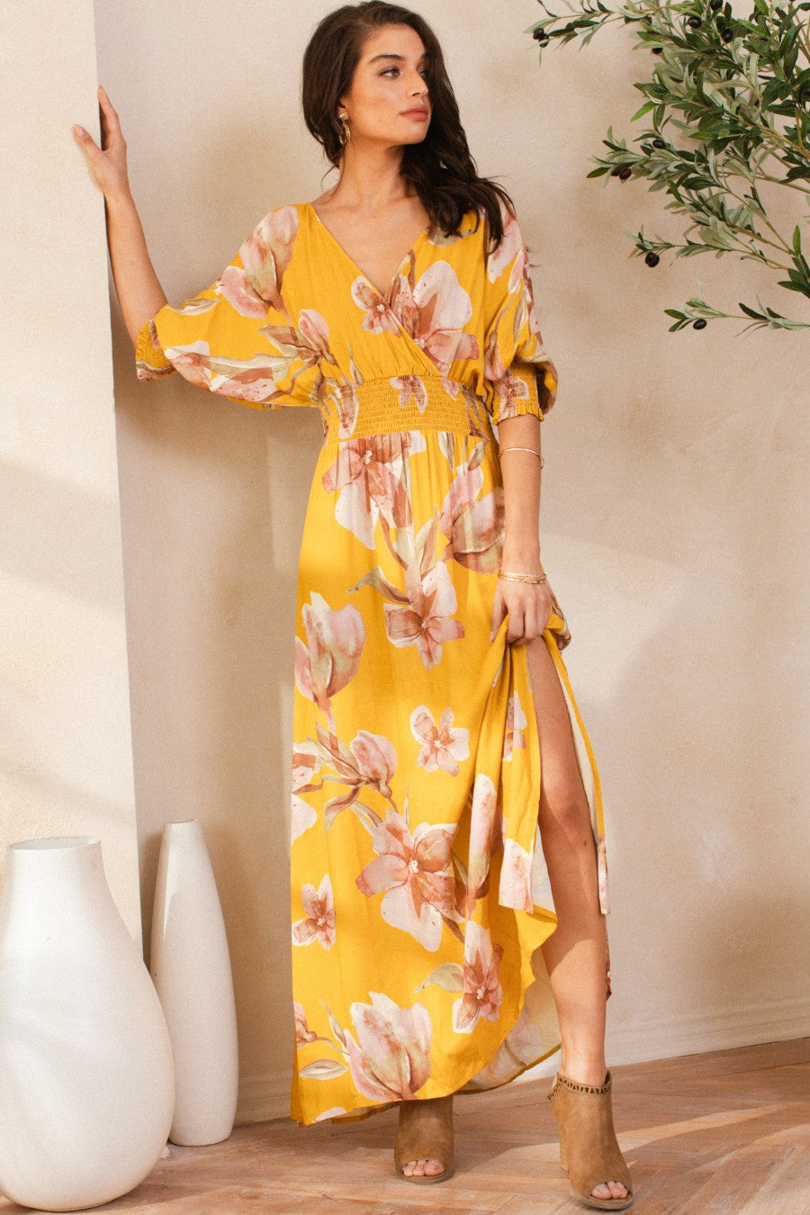 Floral Print Open Tie Back Maxi Dress