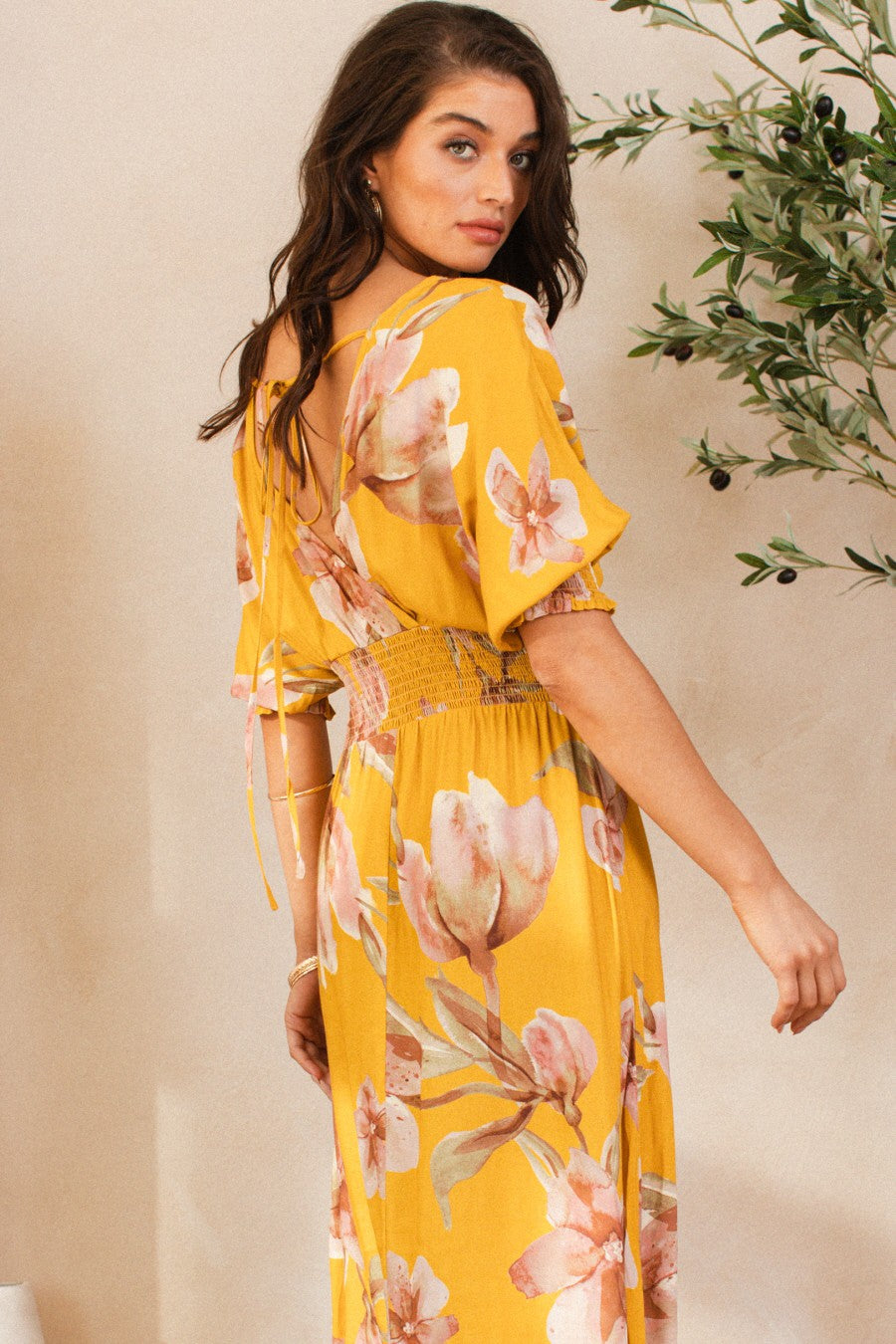 Floral Print Open Tie Back Maxi Dress