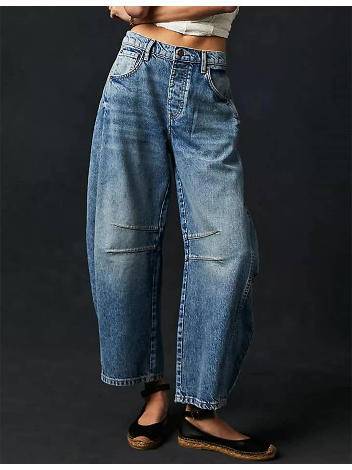 Mid Rise Wide Leg Barrel Jeans - Denim Blue