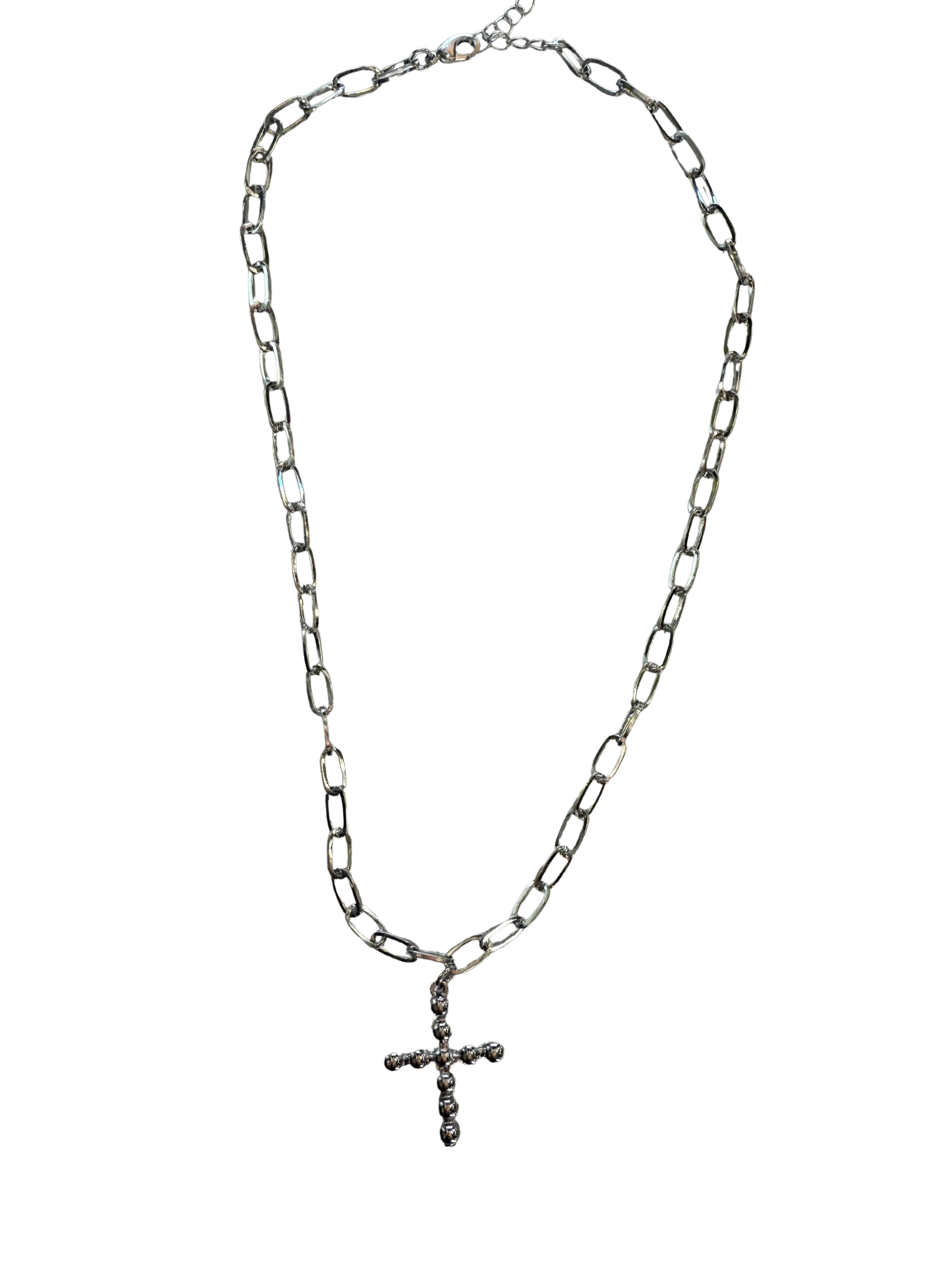 Silver Chain Link Necklace with Bubble Cross Charm
