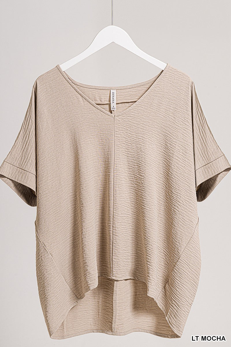 Light Mocha Woven Airflow V-Neck Short Sleeve Top