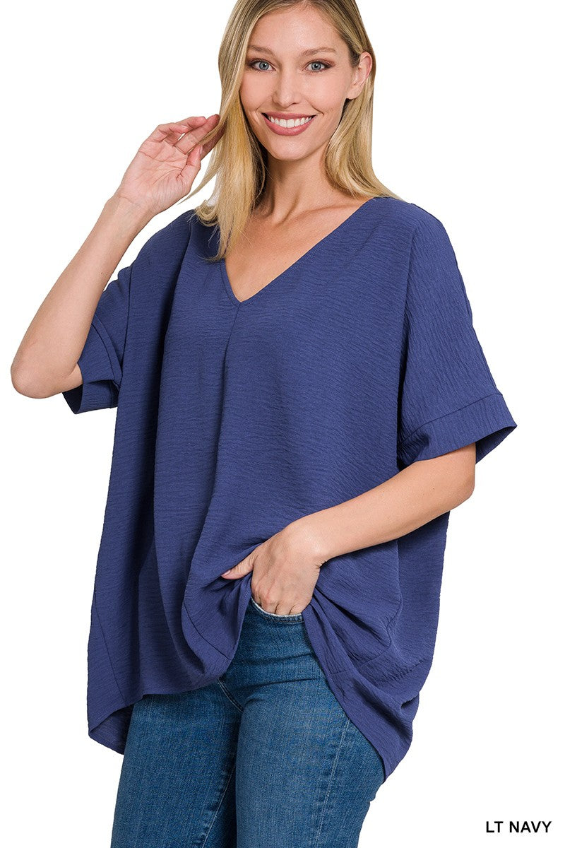 Woven Airflow V-neck Dolman Top - Navy