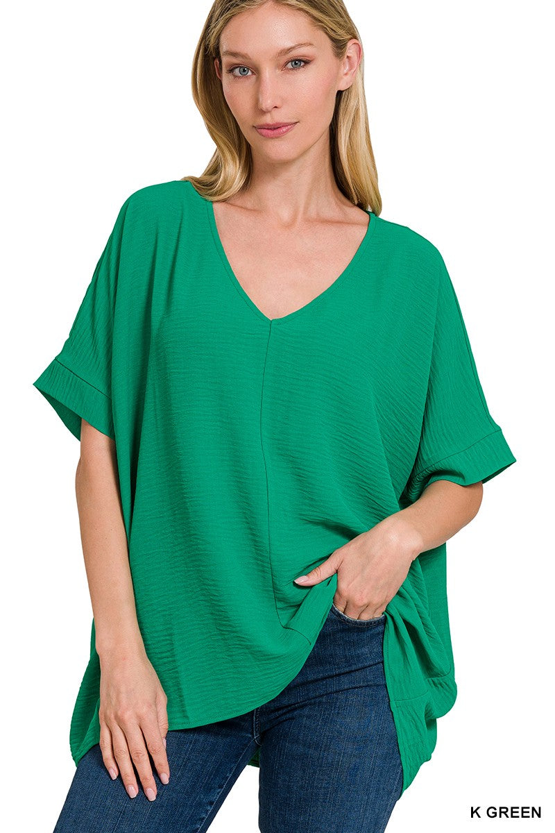 Kelly Green Woven Airflow V-Neck Short Sleeve Top