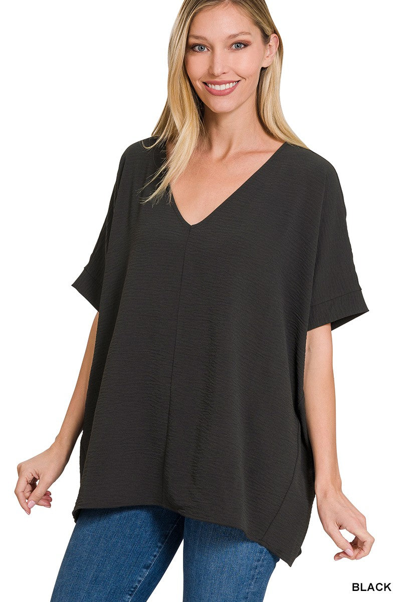 Woven Airflow V-neck Dolman Top - Black