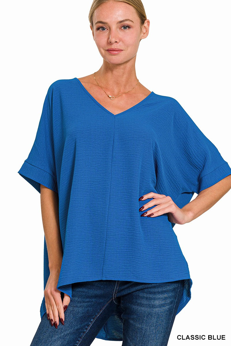 Classic Blue Woven Airflow V-Neck Short Sleeve Top