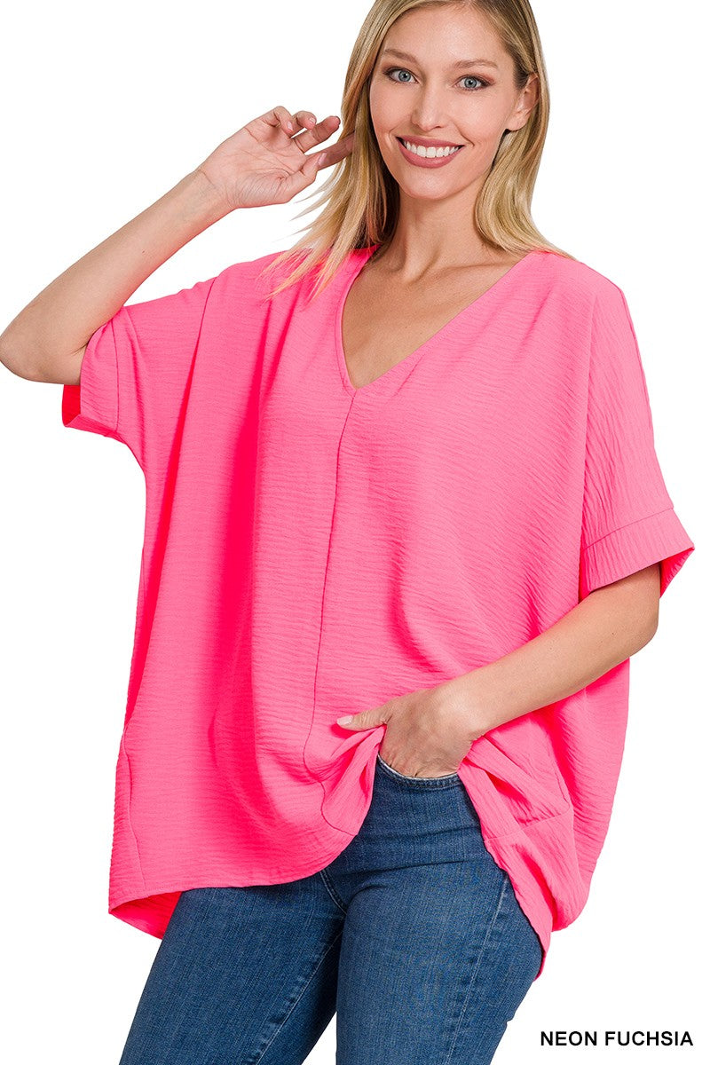 Neon Fuchsia Woven Airflow V-Neck Short Sleeve Top