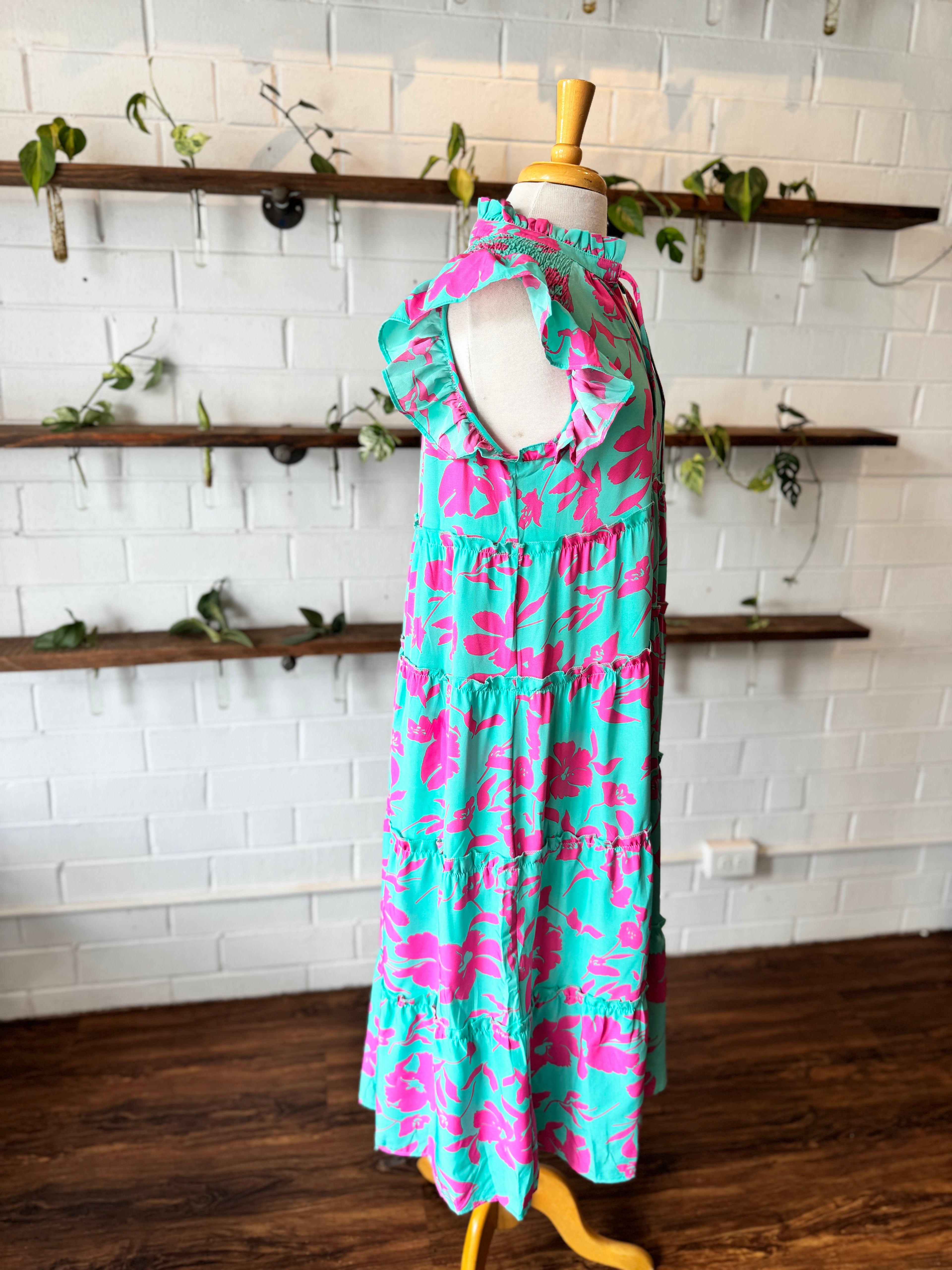 Teal and Pink Midi Dress