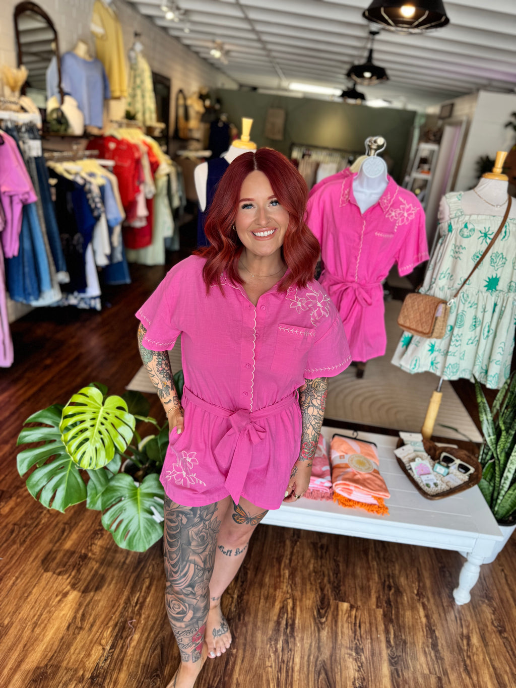 Pink Collared Embroidered Romper