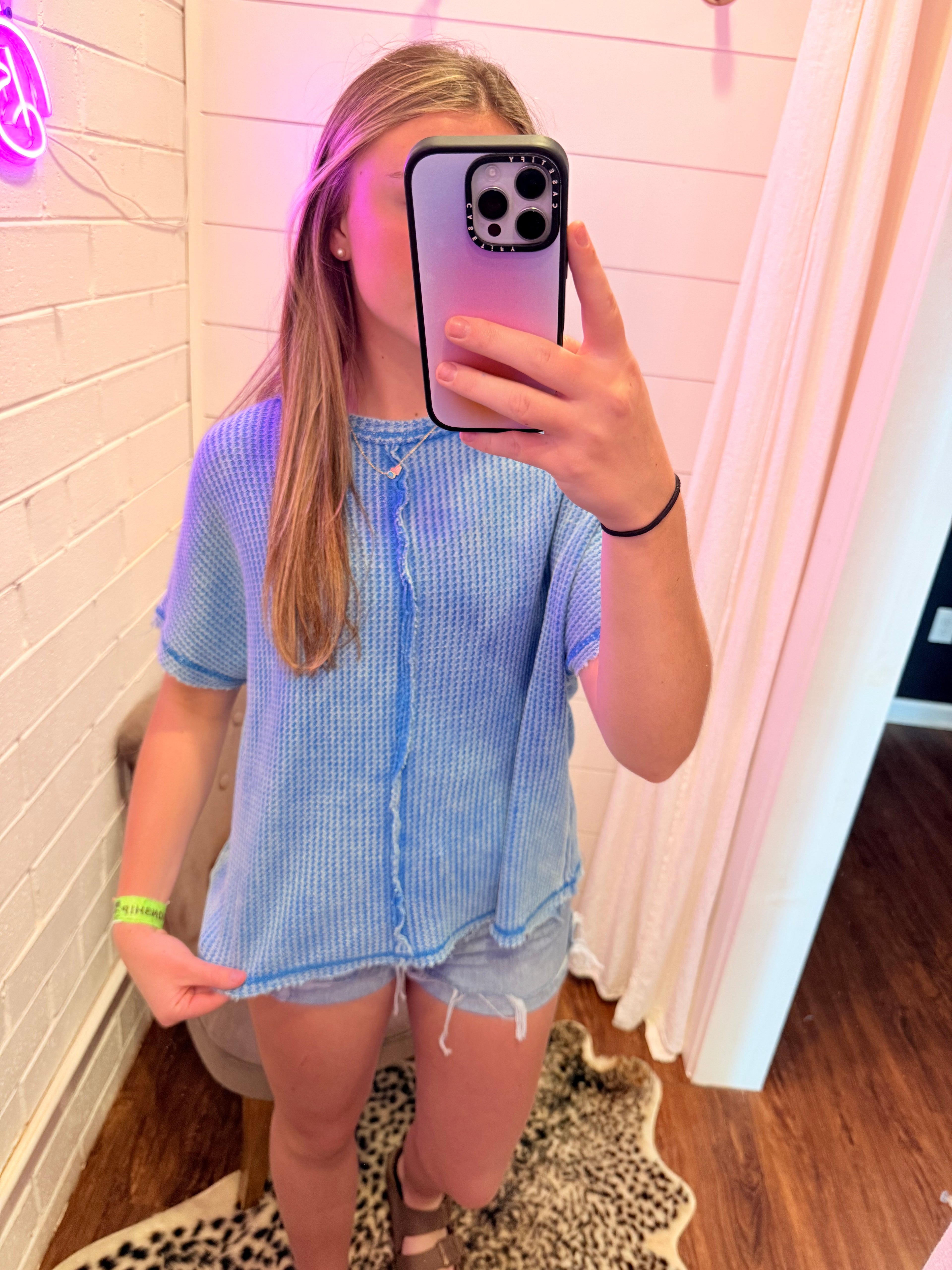 Deep Sky Washed Baby Waffle Short Sleeve Top
