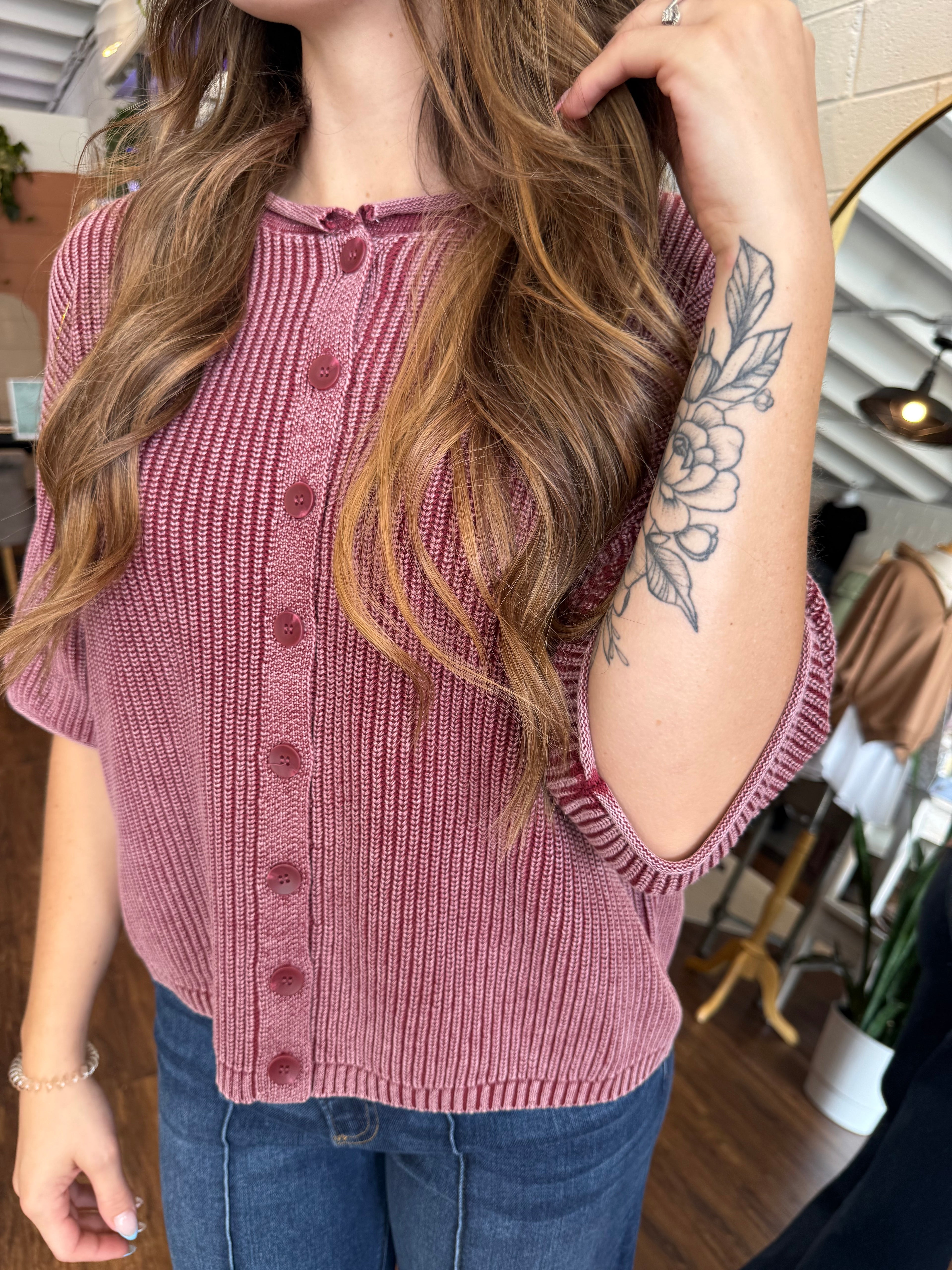 Washed Ribbed Short Sleeve Rolled Edge Cardigan - Burgundy