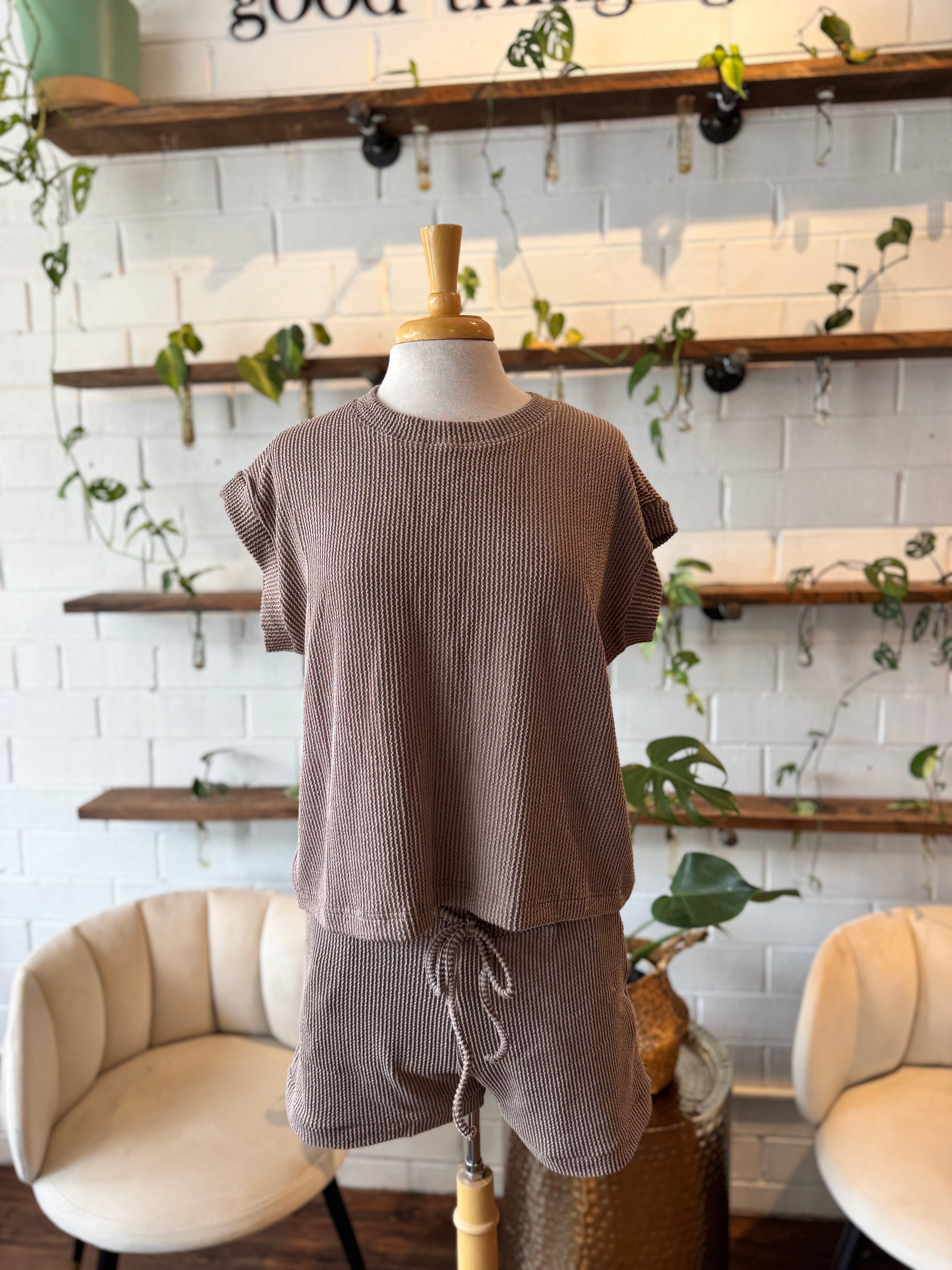 Ribbed Cap Sleeve Top & Shorts Set - Mocha