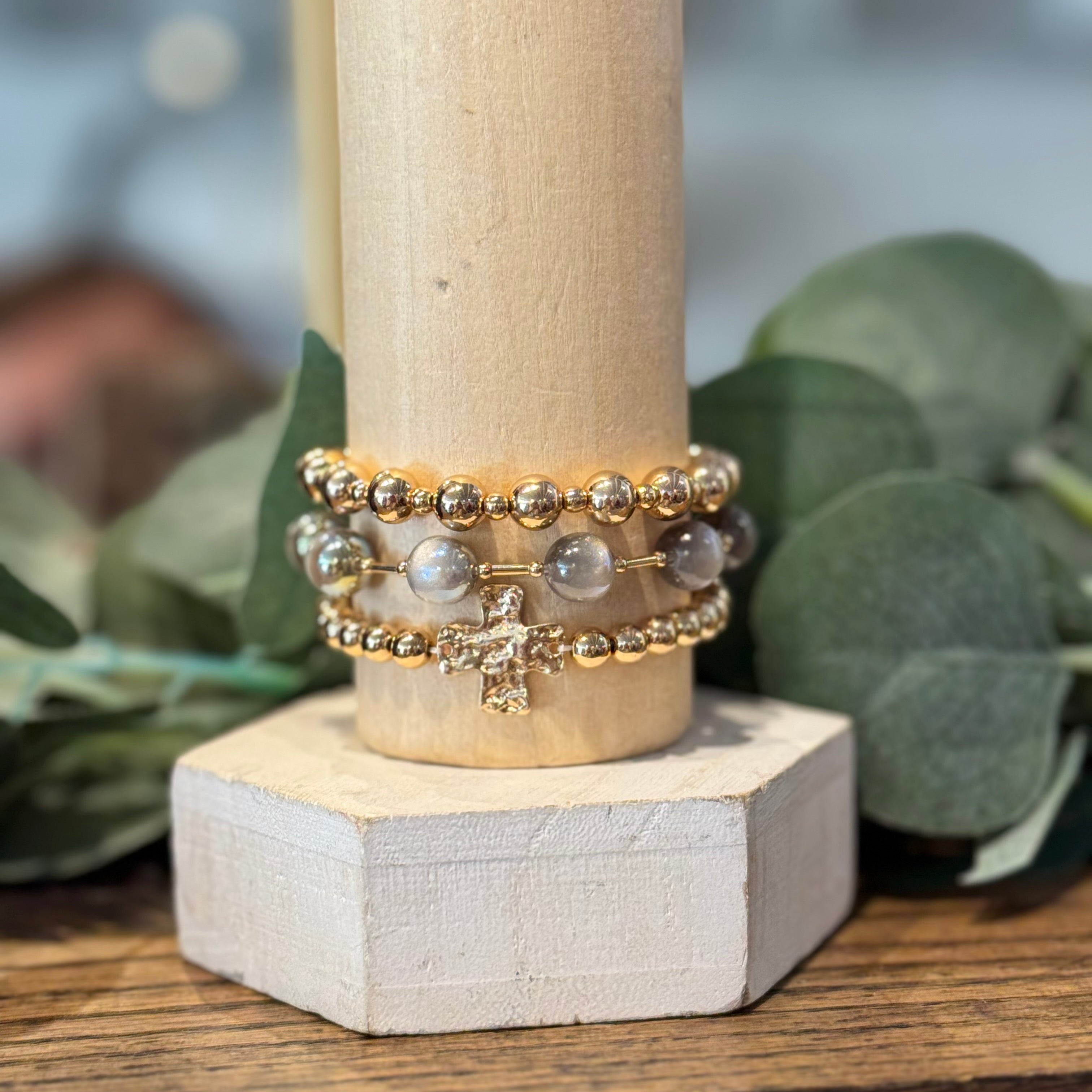 Gold & Gray Beaded Bracelets with Cross