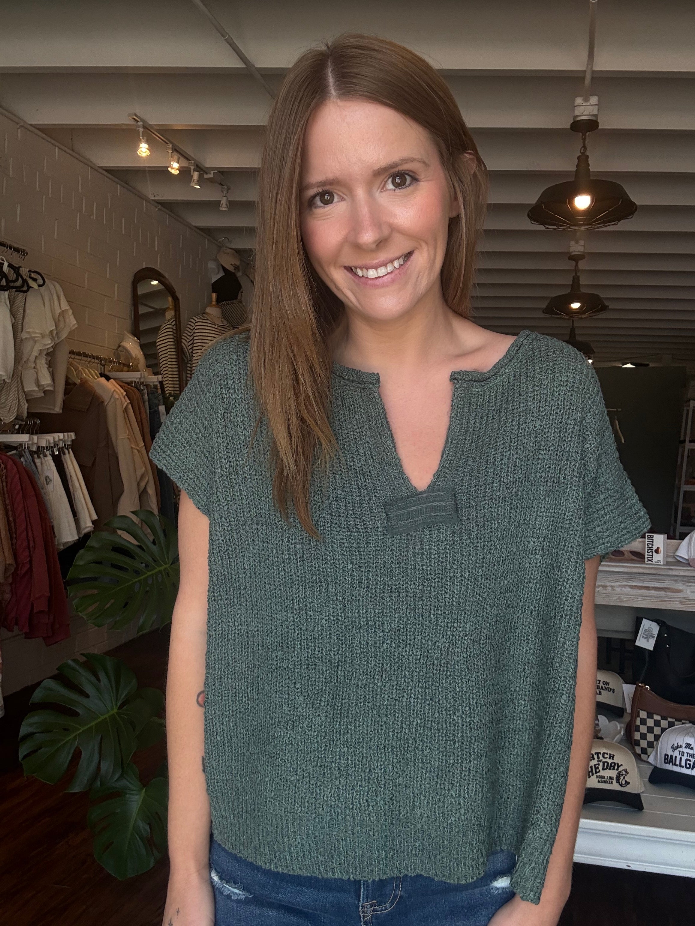 Back Patch Rolled Split-neck Side Slit Pullover - Ash Jade